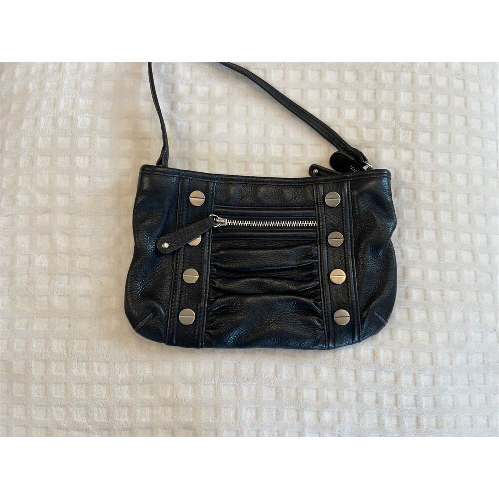B Markowsky Soft Black Leather Studded Crossbody Bag Purse Animal Print Interior - Picture 2 of 9